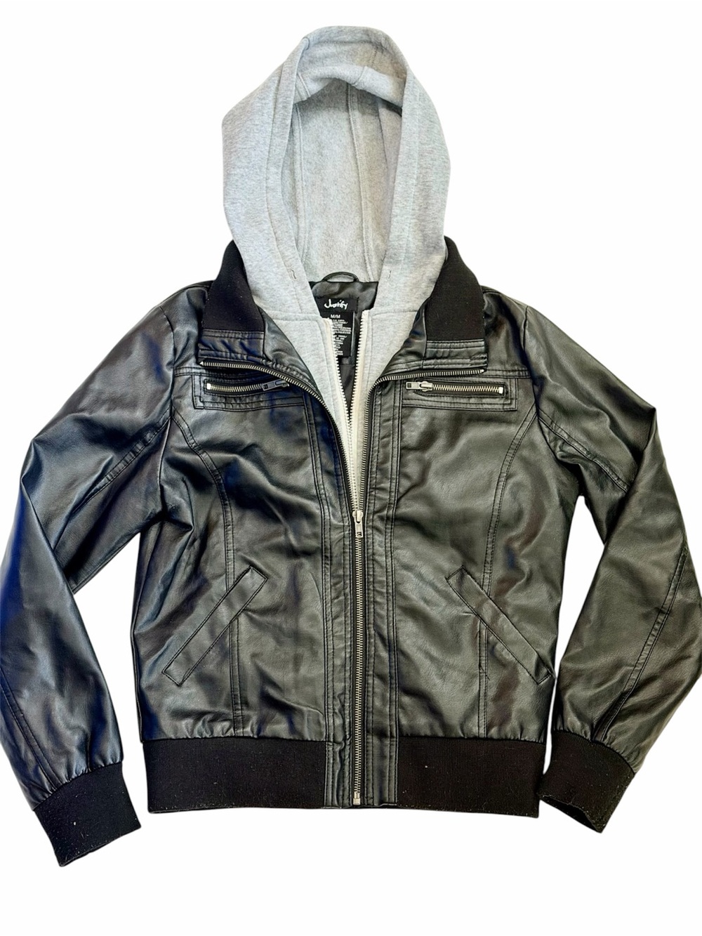 Justify Black Faux Leather Jacket with Grey Hood Size M